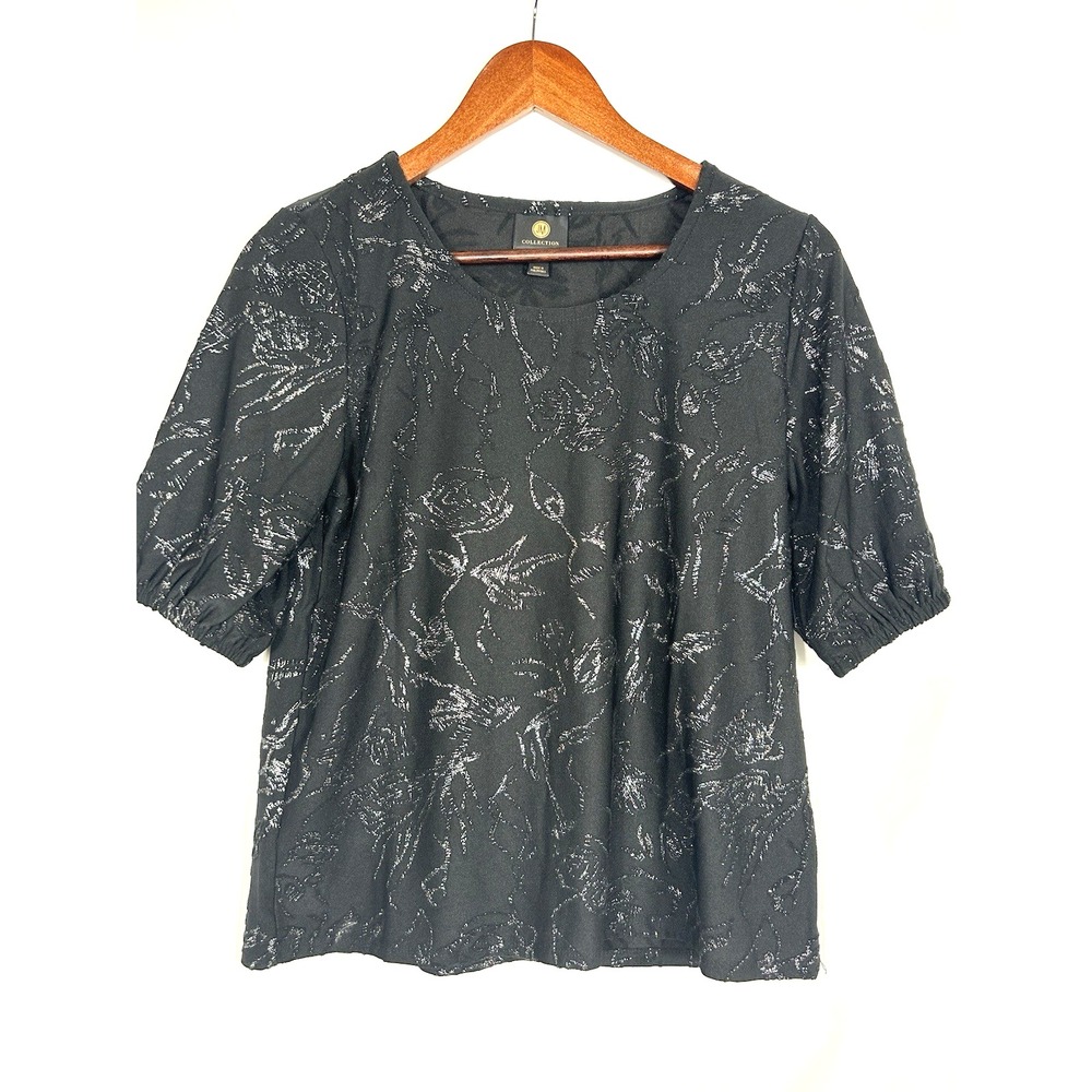 JM Collection Womens Holiday Black Sparkle Peasant Top Size PS Dark Coquette